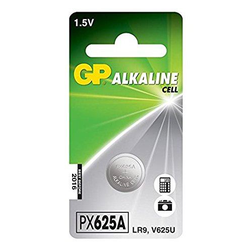 Silver button cell battery labeled "GP 625A820C1" with a 1.5V rating, packaged in a green and white card featuring "GP Alkaline Cell" branding and product details.