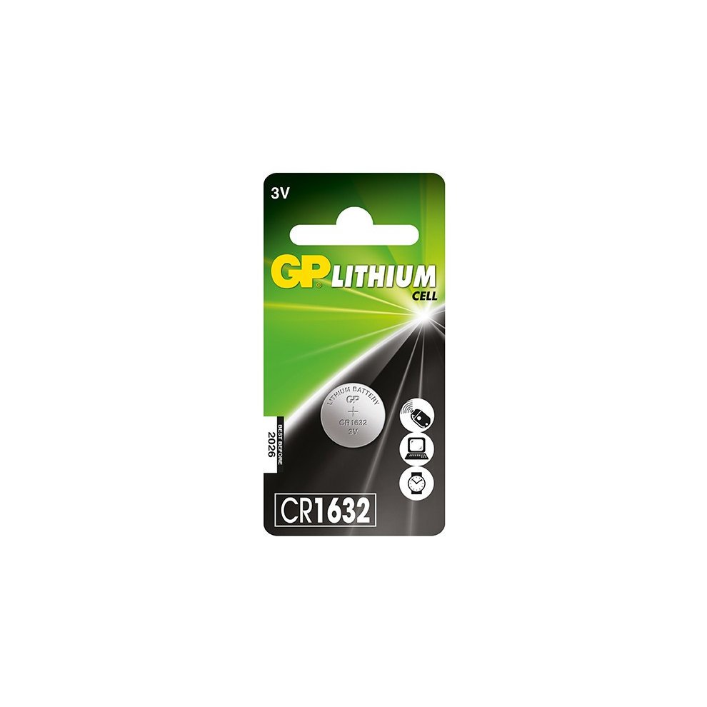 GP GPPBL1632024 Lithium Button Cell CR1632 in a green and black card packaging, featuring a 3V battery with a silver metallic finish and icons indicating compatibility.