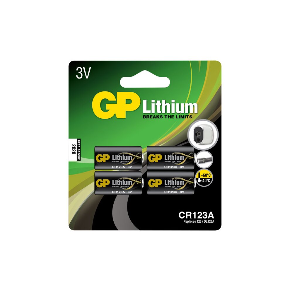 Four GP Lithium CR123A batteries in a black and green card packaging, labeled with "GP Lithium" and "CR123A 3V," featuring a circular cutout for easy viewing.