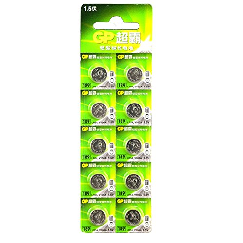 LR54 alkaline battery pack by GP Batteries, featuring ten small silver batteries on a bright green card, labeled with product details and a 1.5V voltage indication.