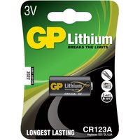 Black GP CR123A lithium photo battery 3V in green and black packaging with yellow GP logo and "Longest Lasting" text.