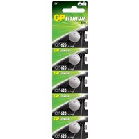 Pack of five GP CR1620 3V lithium batteries, silver discs on green and black card with product details.