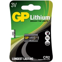 Black GP CR2 lithium battery 3V with yellow branding, in green and black packaging.