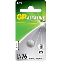 GP LR44 alkaline button cell battery 1.5V in green and white packaging with icons for calculator and camera.