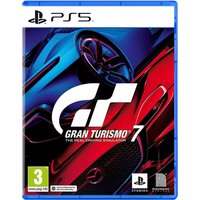 Gran Turismo 7 PS5 game case, blue and red car graphics, PS5 logo, PEGI 3 rating, PlayStation Studios branding.