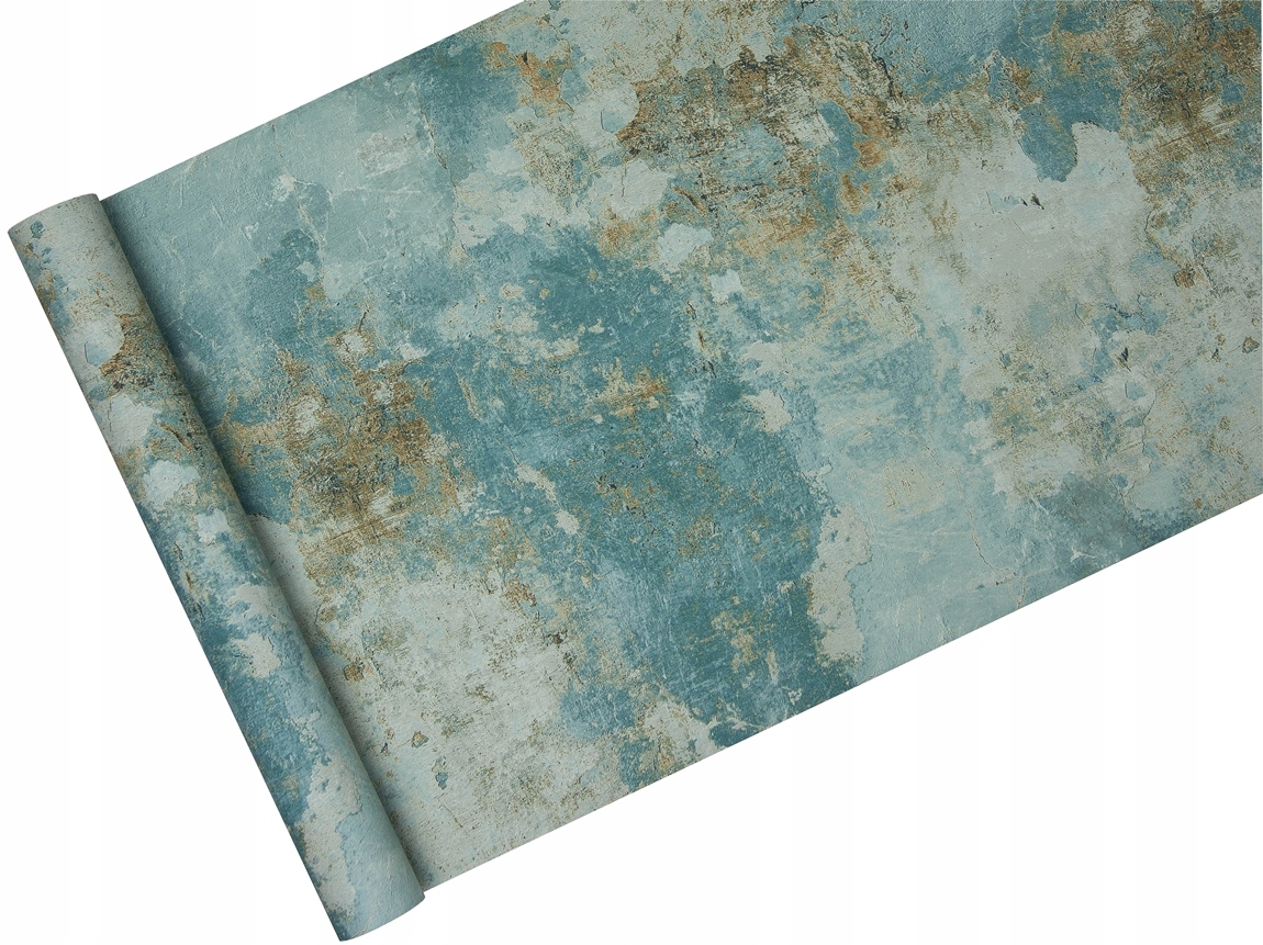 Textured wallpaper featuring a distressed design in soft blue and gold tones, showcasing a vintage aesthetic with a matte finish.