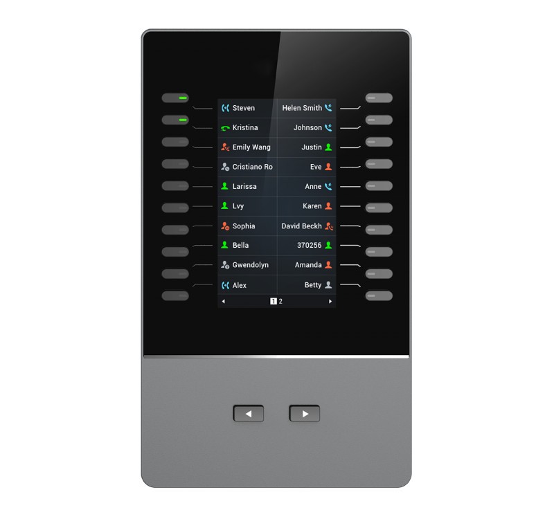 Grandstream LCD Extension Module features a sleek black and silver design with a touchscreen display, showing multiple contact names and programmable keys on either side.