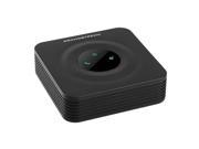 Black Grandstream 1-Port FXS Analog Telephone Adapter with a sleek design, featuring two buttons and a circular status indicator on the top surface.