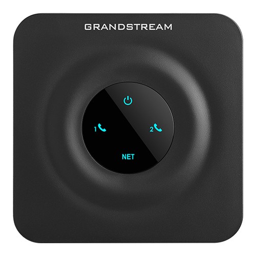 Black square device with a glossy circular interface featuring a power button and two line indicators, labeled "1" and "2," with a blue LED light for network status.