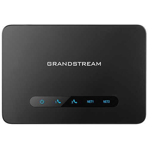 Black rectangular device with "GRANDSTREAM" logo, featuring blue LED indicators for power, two phone lines, and two network ports on the front panel.