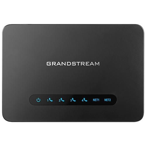 Black rectangular device with a smooth finish, featuring a power button and indicator lights for two phone lines and two network ports, labeled "NET1" and "NET2."