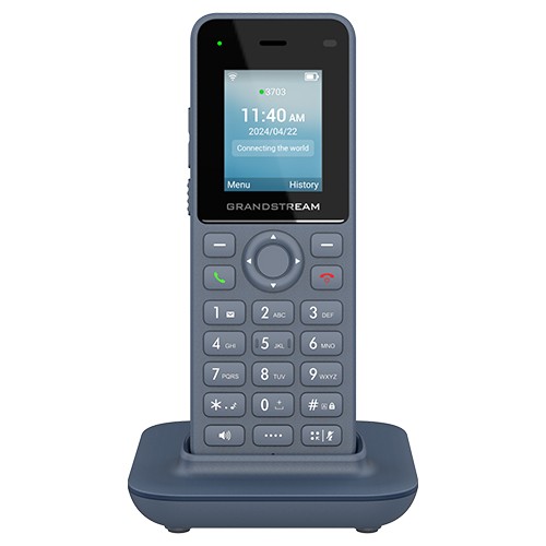 Compact portable WiFi phone in dark gray with a sleek design, featuring a color display, numeric keypad, and a charging dock.