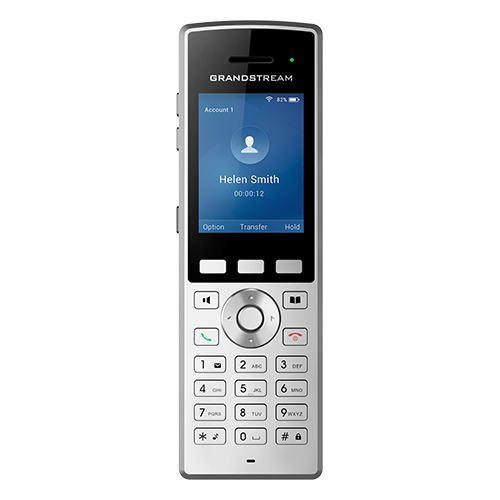 Cordless dual-band Wi-Fi phone with a sleek silver design, featuring a color display, numeric keypad, and buttons for options, transfer, and hold.