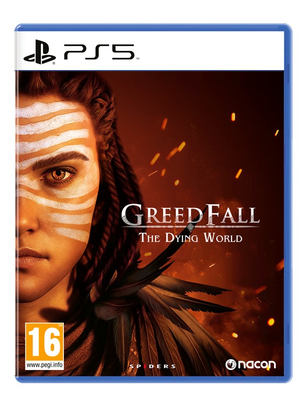 Cover art for "GreedFall: The Dying World" on PS5 features a close-up of a character with tribal face paint, dark hair, and feathers, set against a warm, dramatic background.