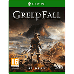 GreedFall for Xbox One features a vibrant green case, showcasing a dramatic landscape with a character in period attire, set against a mountainous backdrop.