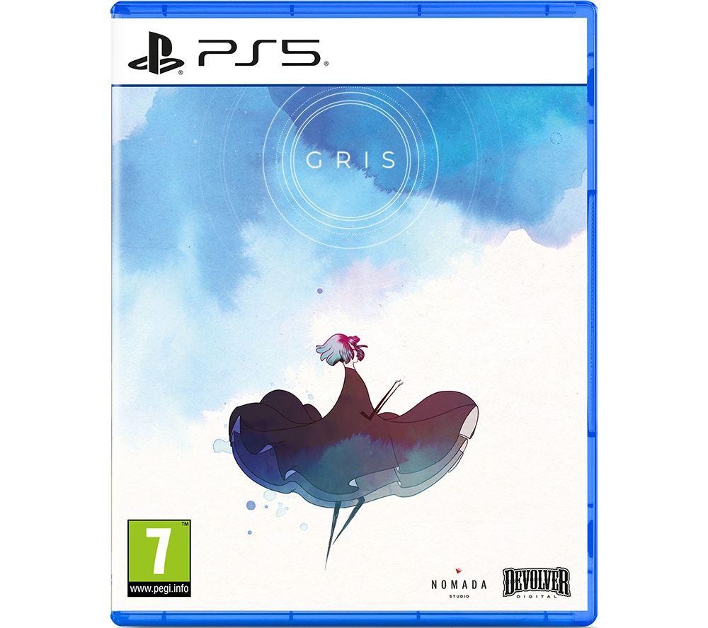 Blue PS5 game case featuring the title "GRIS" with a watercolor-style illustration of a character in a flowing dress against a soft, abstract background.