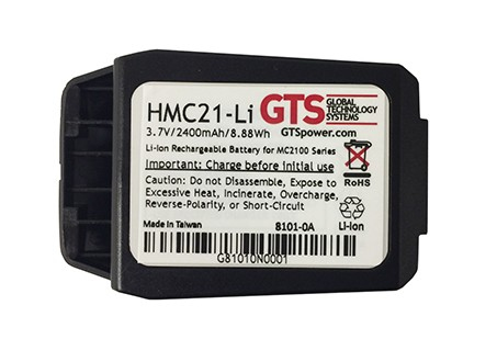 Black rectangular Li-Ion rechargeable battery with a white label, featuring the text "HMC21-Li" and "GTS," specifications, and cautionary notes, designed for GTS handheld mobile computers.