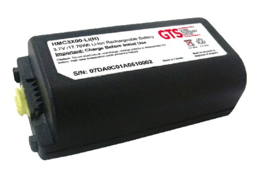 Black rechargeable lithium-ion battery with yellow connector, labeled HMC3X00-LI(H), featuring safety symbols and a serial number on one side.