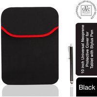 Black neoprene tablet cover with red trim and matching black stylus pen.