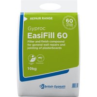 Gyproc Easifill 60 Filler, 10kg bag, green and white packaging with repair range label and British Gypsum logo.