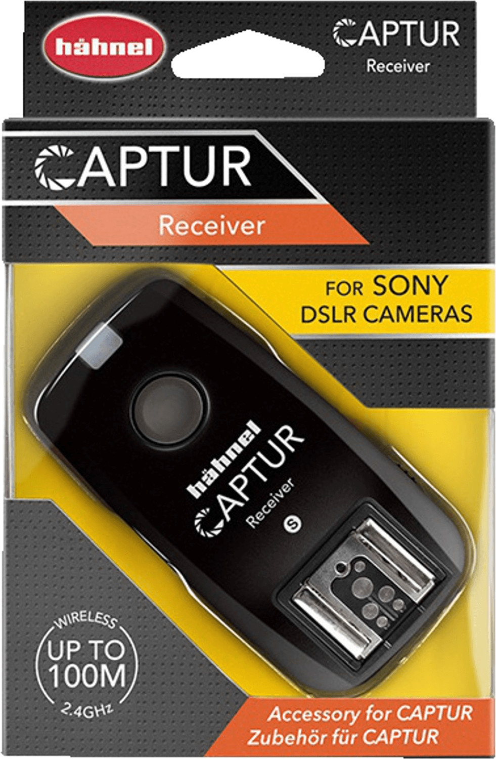 Black Hähnel CAPTUR receiver for Sony DSLR cameras, featuring a circular button, a slot for a hot shoe mount, and wireless functionality up to 100 meters.