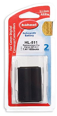 Black rechargeable lithium-ion battery in packaging, labeled "Hähnel HL-511," compatible with Canon cameras, featuring specifications and a 1500mAh capacity.