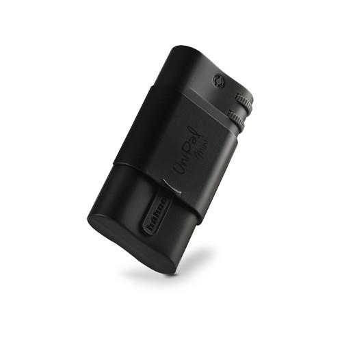 Compact black Li-Ion battery charger with a textured surface, featuring a sliding compartment for battery insertion and a small indicator light on the side.