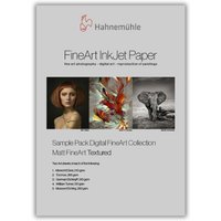 Hahnemühle FineArt InkJet Paper pack with textured surface, featuring three art prints on the cover.