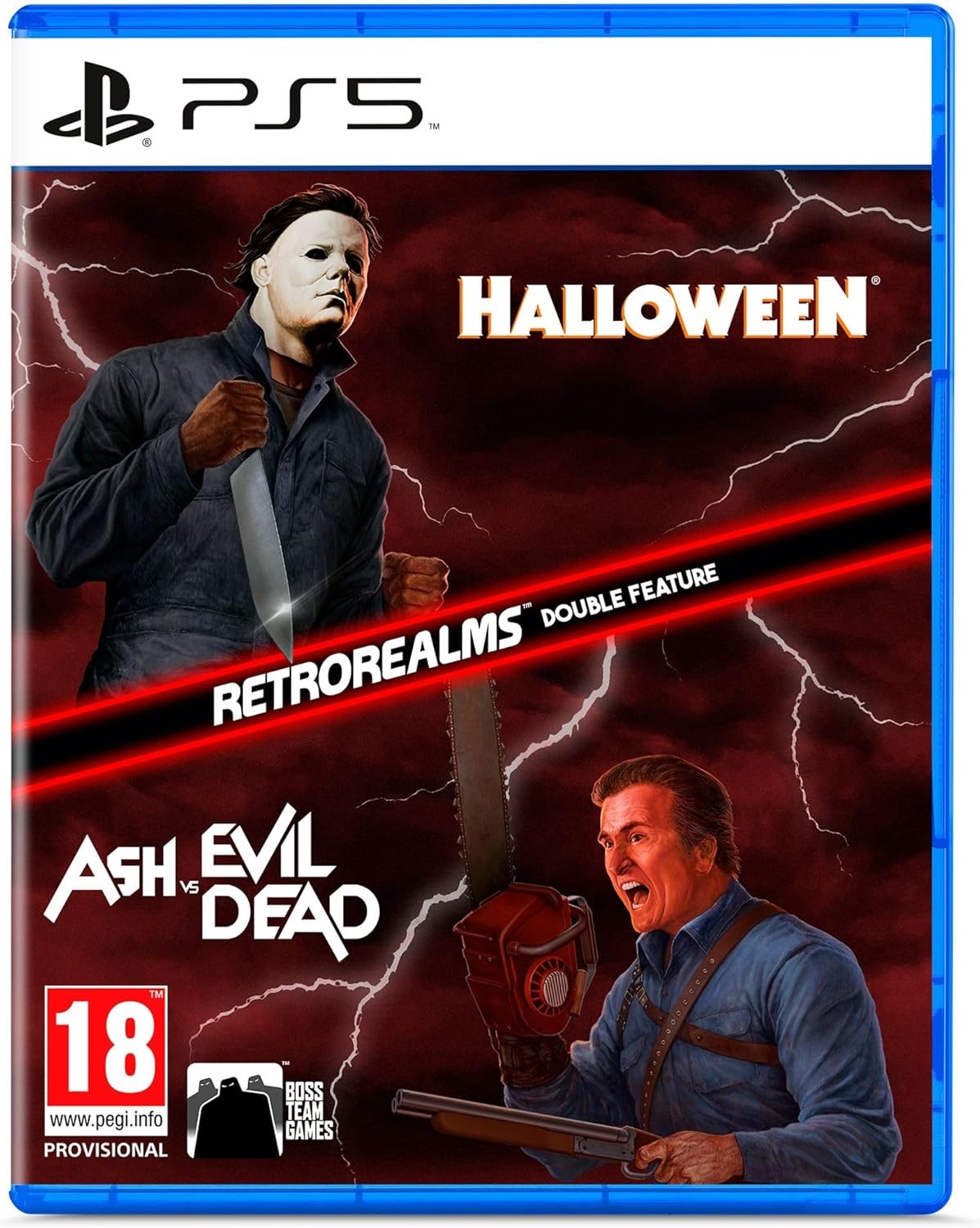 Halloween and Ash Vs Evil Dead RetroRealms Double Feature for PS5 features a blue case, with iconic characters, a red stripe, and bold title text prominently displayed.