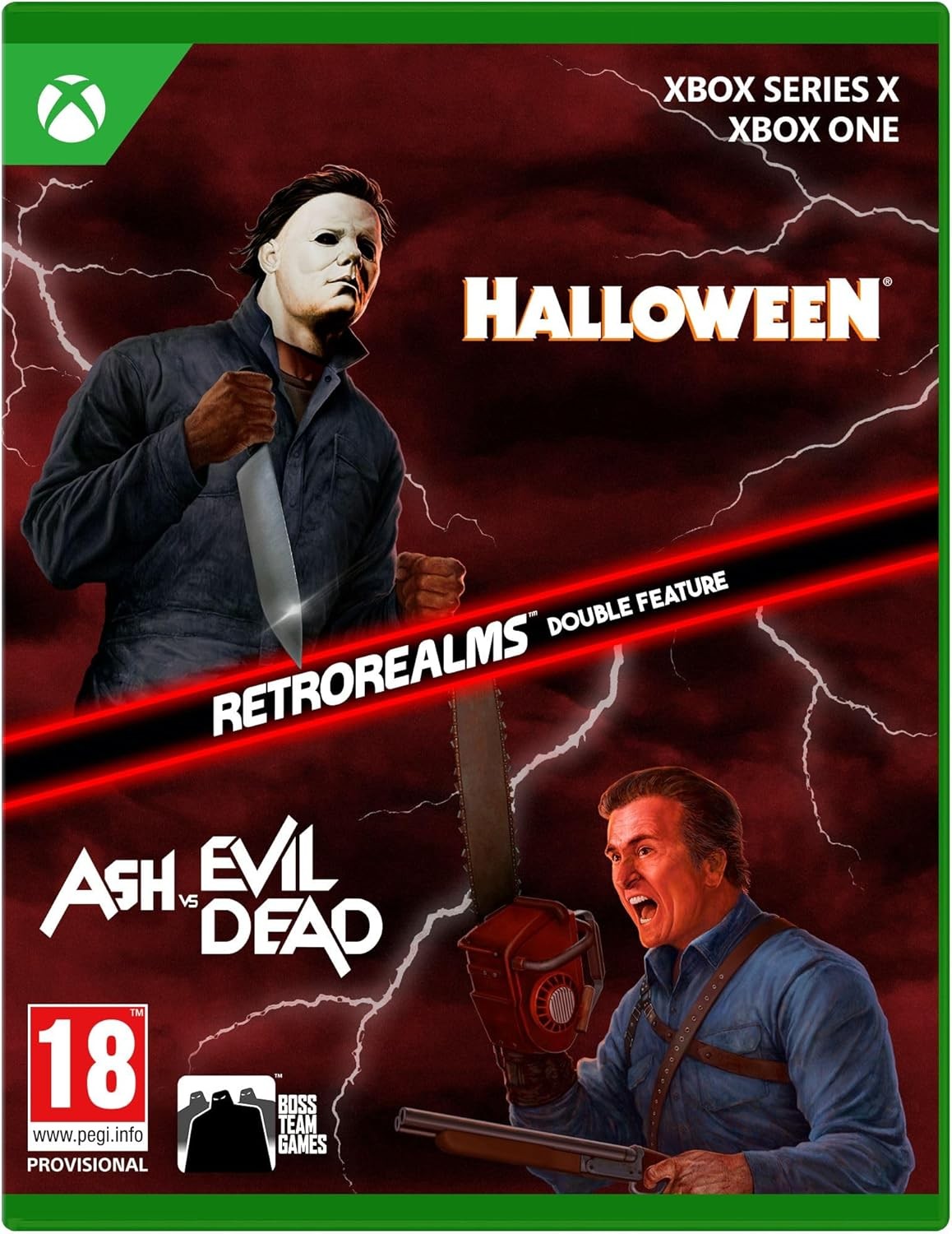 Halloween and Ash Vs Evil Dead RetroRealms Double Feature for Xbox Series X features a vibrant green case, with iconic characters Michael Myers and Ash Williams prominently displayed against a stormy background.
