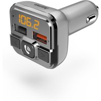 Silver Hama FM transmitter with digital display, dual USB ports, and cigar lighter plug.