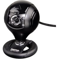 Black Hama webcam with spherical design, 1.3 MP lens, USB 2.0 connection, and circular base.