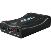 Black Hama video signal converter with HDMI port, power input, and curved design, supports 1920 x 1080 pixels.