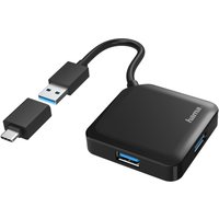 Black Hama USB hub with Type-A and Type-C connectors, compact square design, short cable, and multiple ports.