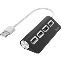 Black Hama USB 2.0 hub with four ports and a short white connecting cable.