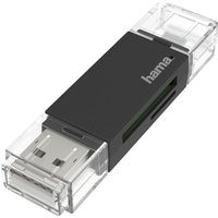 Black Hama USB/Micro-USB card reader with transparent caps and dual slots for various memory cards.
