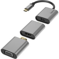 Grey Hama USB graphics adapter with VGA, HDMI, and USB-C ports, compact design, short cable attached.