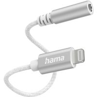 White Hama lightning cable with silver connectors and braided design, featuring a 3.5mm audio jack adapter.