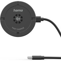 Black Hama wireless charger with USB cable, round design, Qi logo, and "Fast Charge" text on the surface.