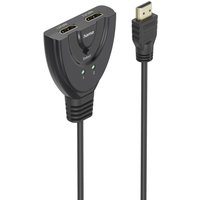 Black Hama HDMI video switch with two input ports and attached HDMI cable.