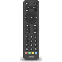 Black Hama remote control with circular navigation pad, numeric keypad, and colored function buttons at the bottom.