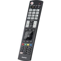 Black Hama remote control with white buttons, colorful navigation keys at the front on the right side.
