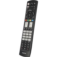Black Hama remote control with numeric keypad, colored buttons, and navigation pad.