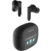 Black Hama TWS in-ear headphones with charging case, touchscreen display, and ergonomic ear tips.