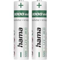 White Hama rechargeable AAA batteries, 1000 mAh, NiMH, with green text and plus sign at top.