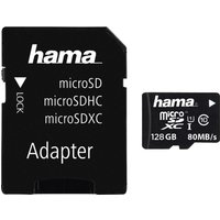 Black Hama 128GB microSDXC memory card with Class 10 UHS-I, includes black adapter with white text.
