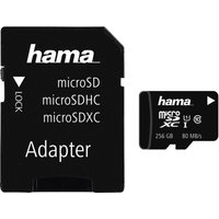 Black Hama 256GB MicroSDXC memory card with adapter, Class 10, UHS-I, 80 MB/s speed, white text on card.