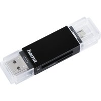 Black Hama card reader with USB 2.0 and Micro-USB connectors, transparent caps, and Hama logo on the side.