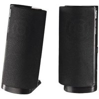 Black Hama E80 speakers with cylindrical design, mesh front, USB powered, 3.5mm jack connection, angled stands.