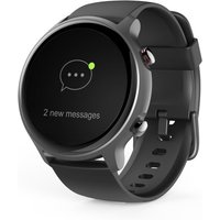 Grey Hama Fit Watch 6910 with 1.28" touchscreen, 46mm case, black band, GPS, and message notification on display.